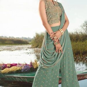 Green Georgette Palazzo Suit with Golden Thread Embroidery